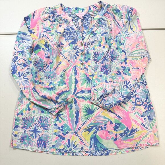 Lilly Pulitzer Tops - Lilly Pulitzer Elsa Silk Tunic Blouse Dancing on the Deck M | rainbow colors